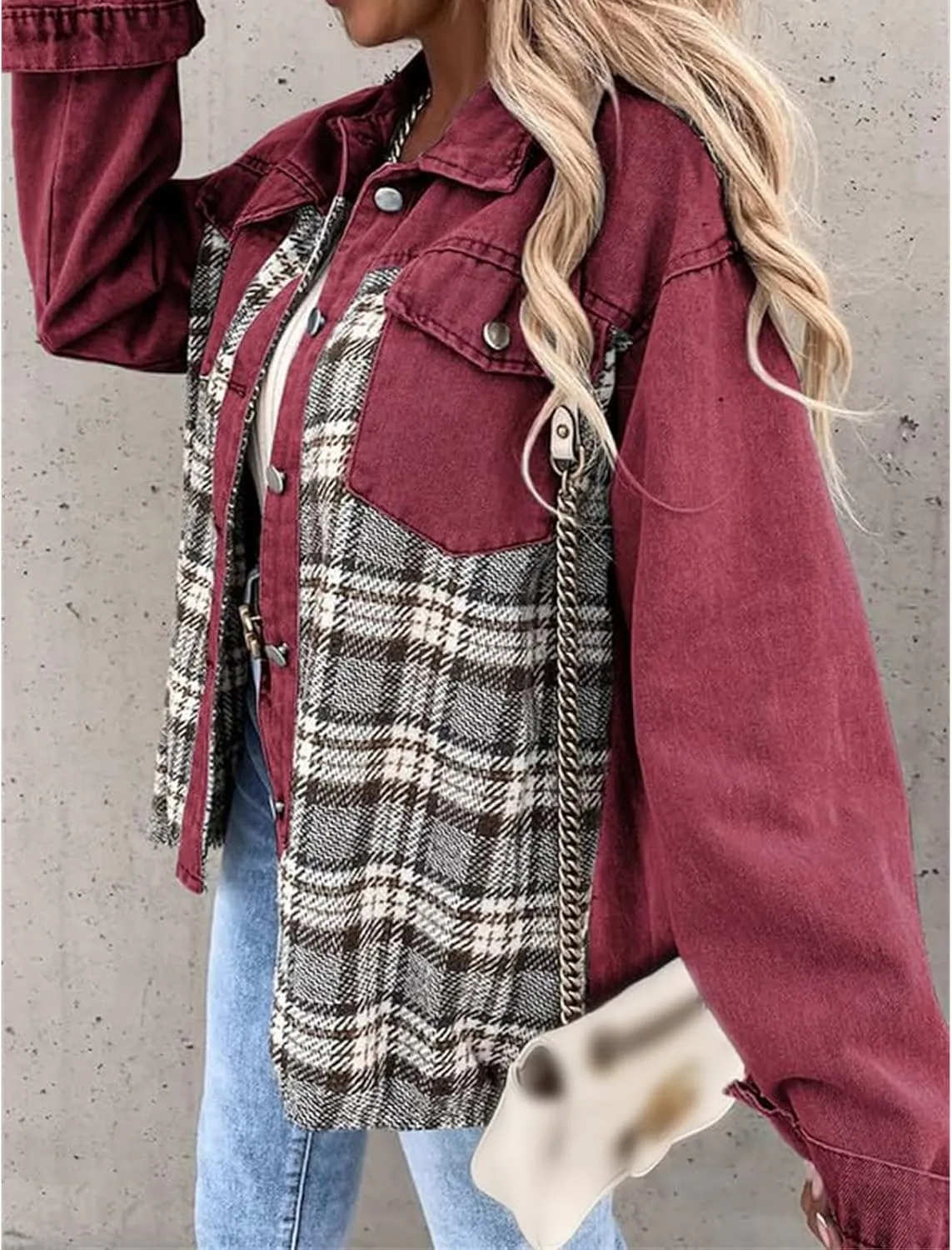 Women's Oversized Denim Jacket Long Sleeve Button Down Plaid Shacket Casual Boyfriend Jean Jacket Fall Clothes 2024