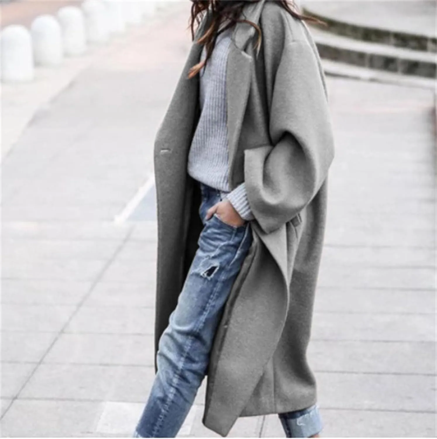 Women's Oversized Midi Long Trench Coat Notched Lapel Wool Blend Single Breasted Coat Casual Winter Outerwear Overcoat