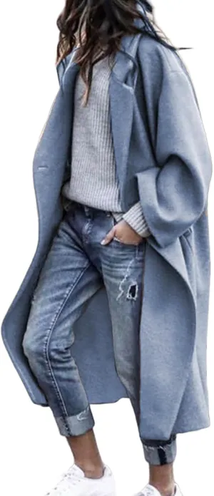Women's Oversized Midi Long Trench Coat Notched Lapel Wool Blend Single Breasted Coat Casual Winter Outerwear Overcoat