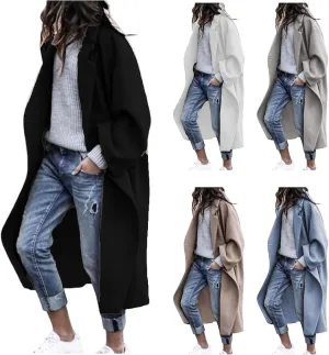 Women's Oversized Midi Long Trench Coat Notched Lapel Wool Blend Single Breasted Coat Casual Winter Outerwear Overcoat