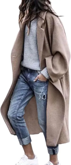 Women's Oversized Midi Long Trench Coat Notched Lapel Wool Blend Single Breasted Coat Casual Winter Outerwear Overcoat