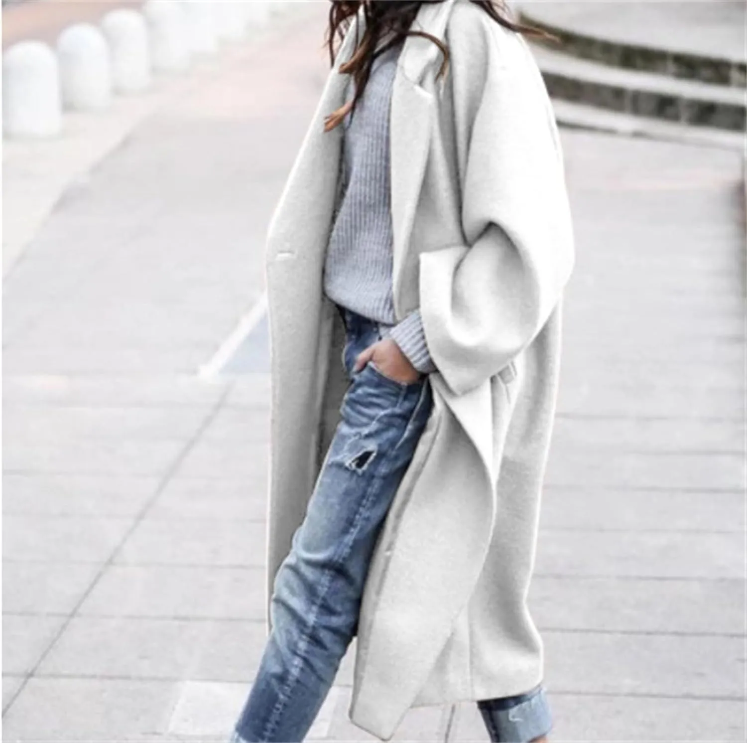 Women's Oversized Midi Long Trench Coat Notched Lapel Wool Blend Single Breasted Coat Casual Winter Outerwear Overcoat