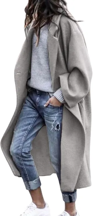 Women's Oversized Midi Long Trench Coat Notched Lapel Wool Blend Single Breasted Coat Casual Winter Outerwear Overcoat