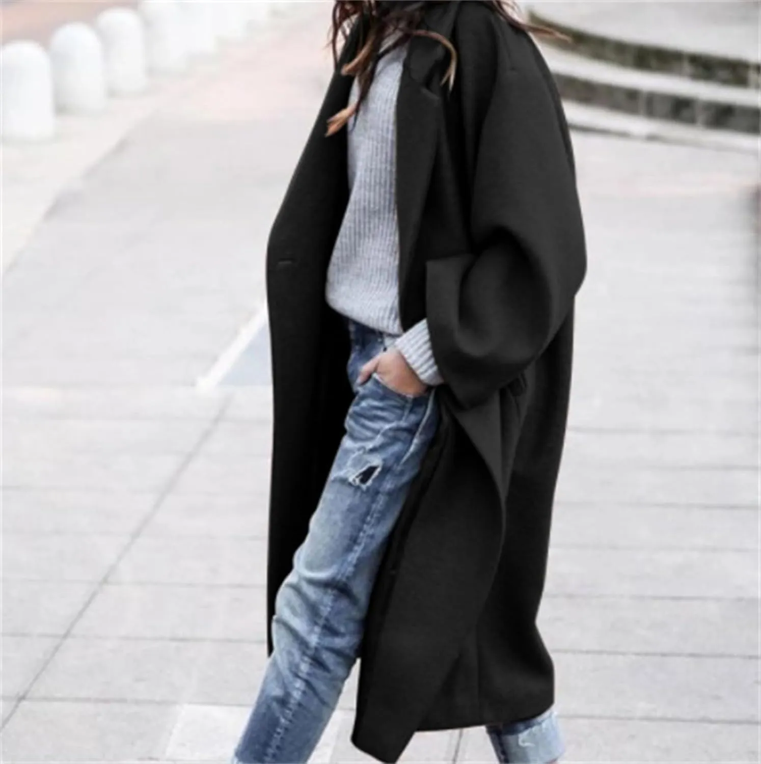 Women's Oversized Midi Long Trench Coat Notched Lapel Wool Blend Single Breasted Coat Casual Winter Outerwear Overcoat