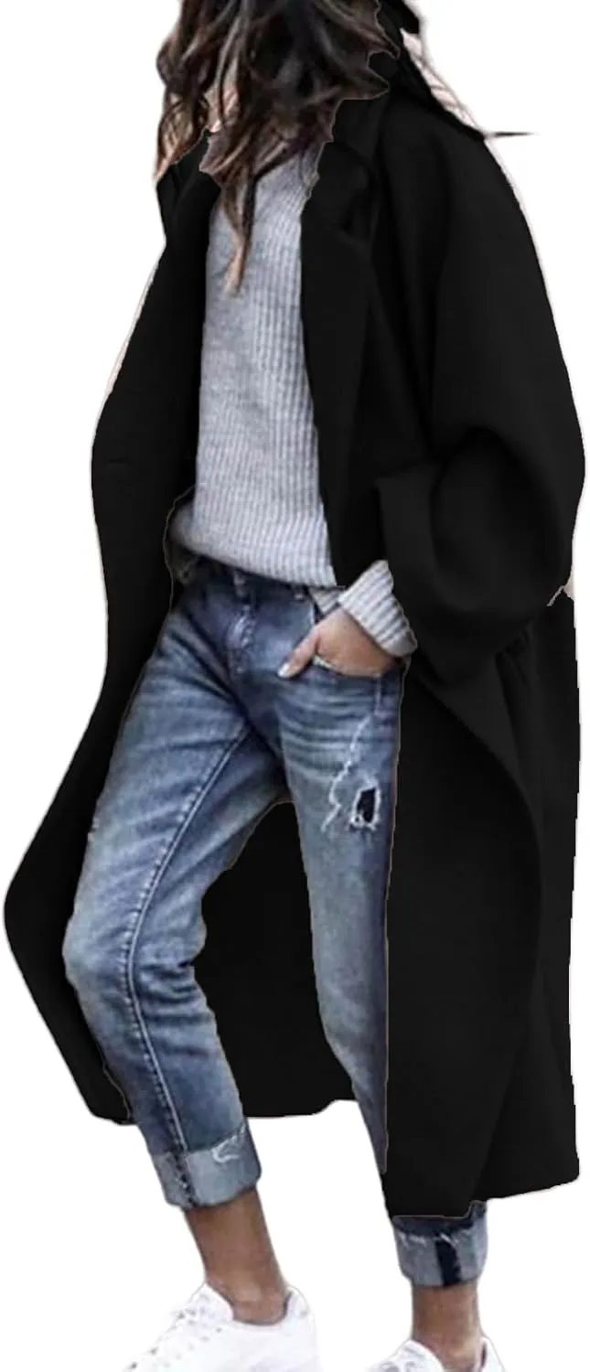 Women's Oversized Midi Long Trench Coat Notched Lapel Wool Blend Single Breasted Coat Casual Winter Outerwear Overcoat