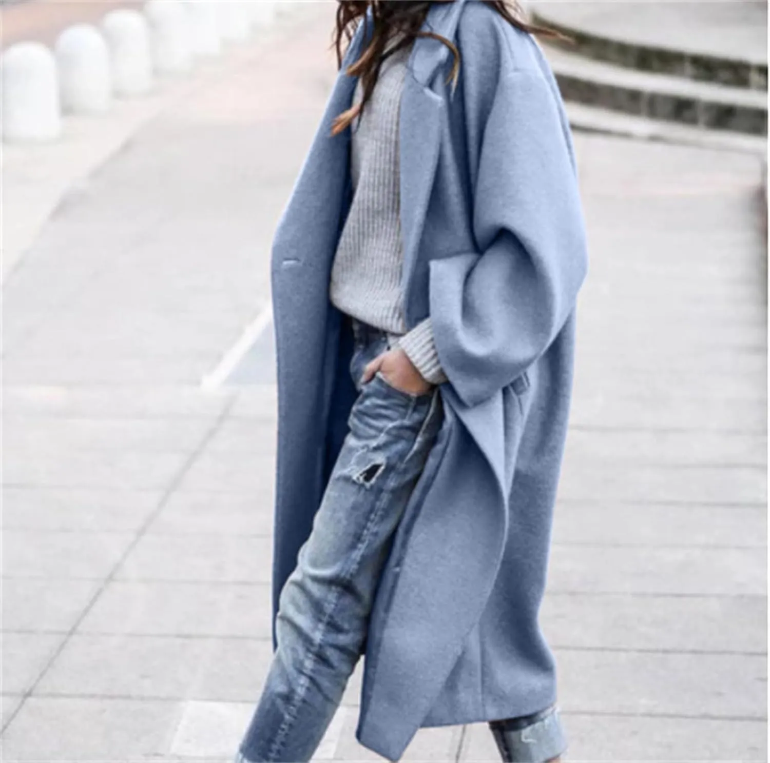 Women's Oversized Midi Long Trench Coat Notched Lapel Wool Blend Single Breasted Coat Casual Winter Outerwear Overcoat