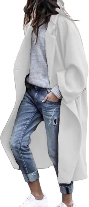 Women's Oversized Midi Long Trench Coat Notched Lapel Wool Blend Single Breasted Coat Casual Winter Outerwear Overcoat