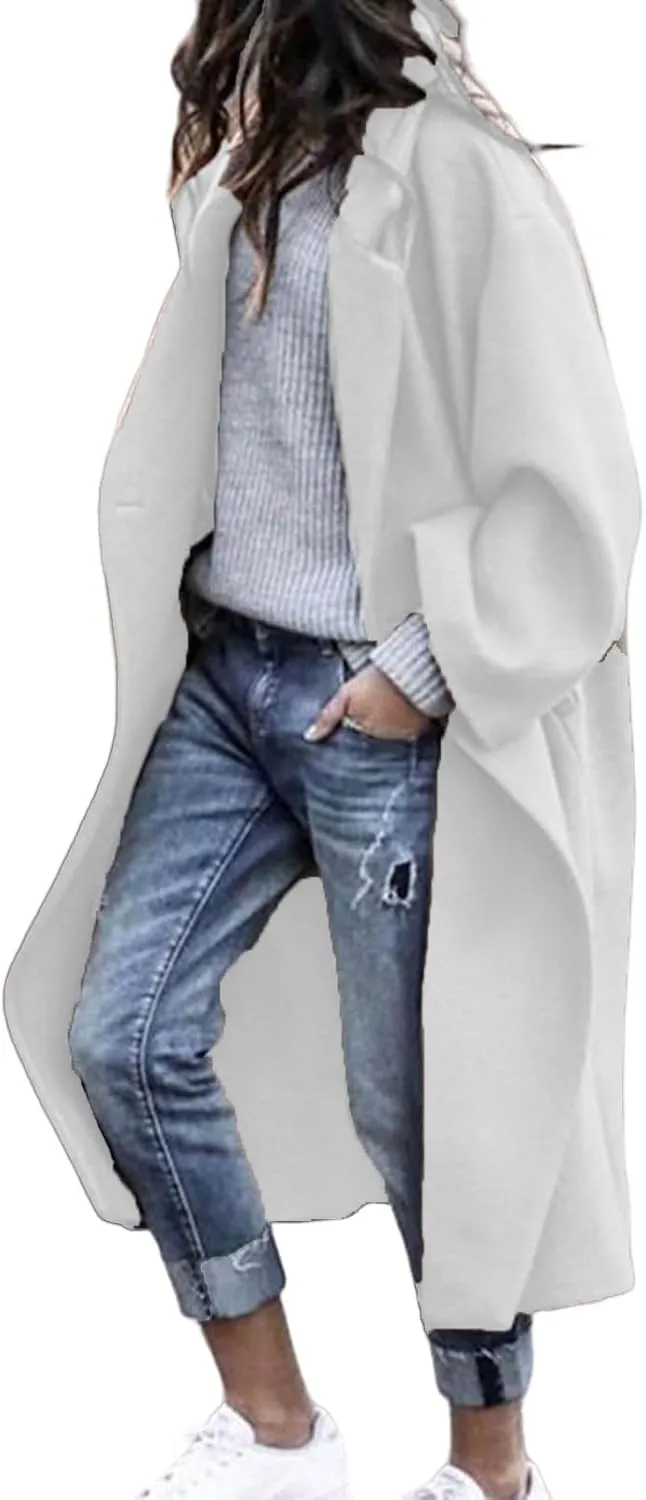 Women's Oversized Midi Long Trench Coat Notched Lapel Wool Blend Single Breasted Coat Casual Winter Outerwear Overcoat