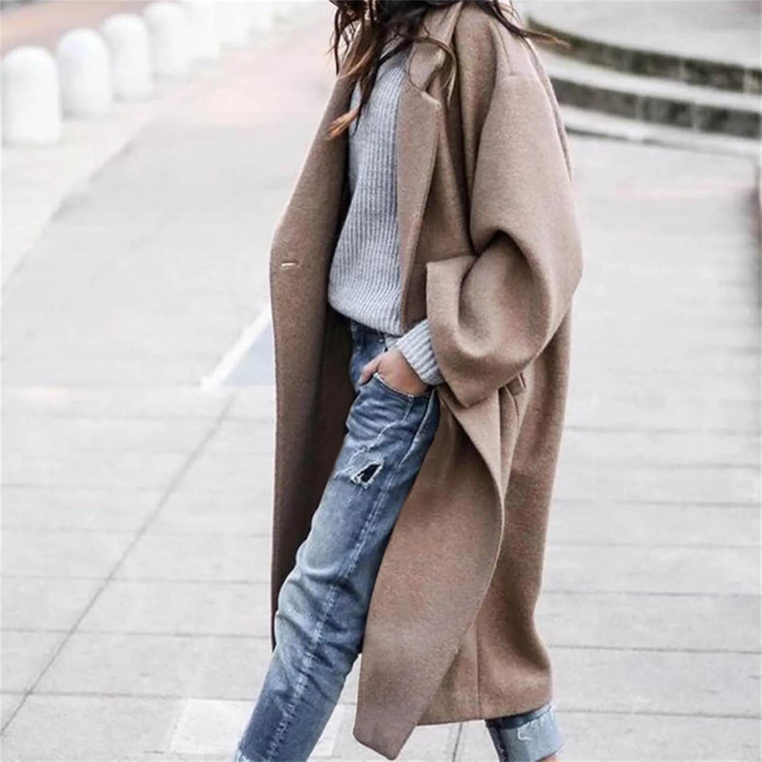 Women's Oversized Midi Long Trench Coat Notched Lapel Wool Blend Single Breasted Coat Casual Winter Outerwear Overcoat