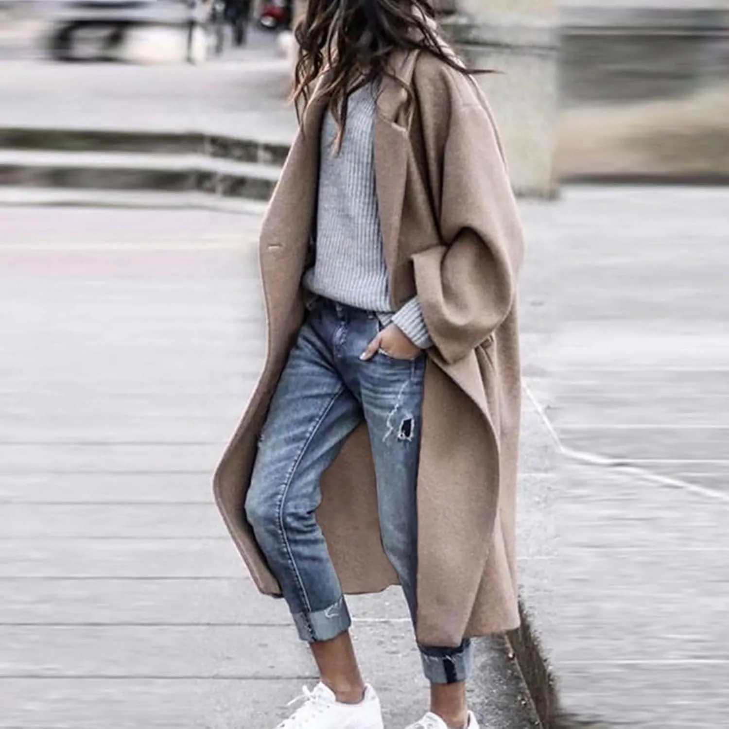 Women's Oversized Midi Long Trench Coat Notched Lapel Wool Blend Single Breasted Coat Casual Winter Outerwear Overcoat