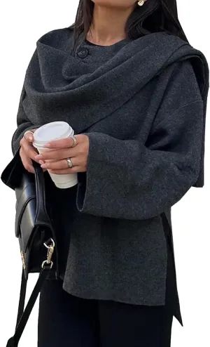 Womens Oversized Scarf Jacket Wool Blend Coat Long Sleeve Button Wool Coats Overcoats
