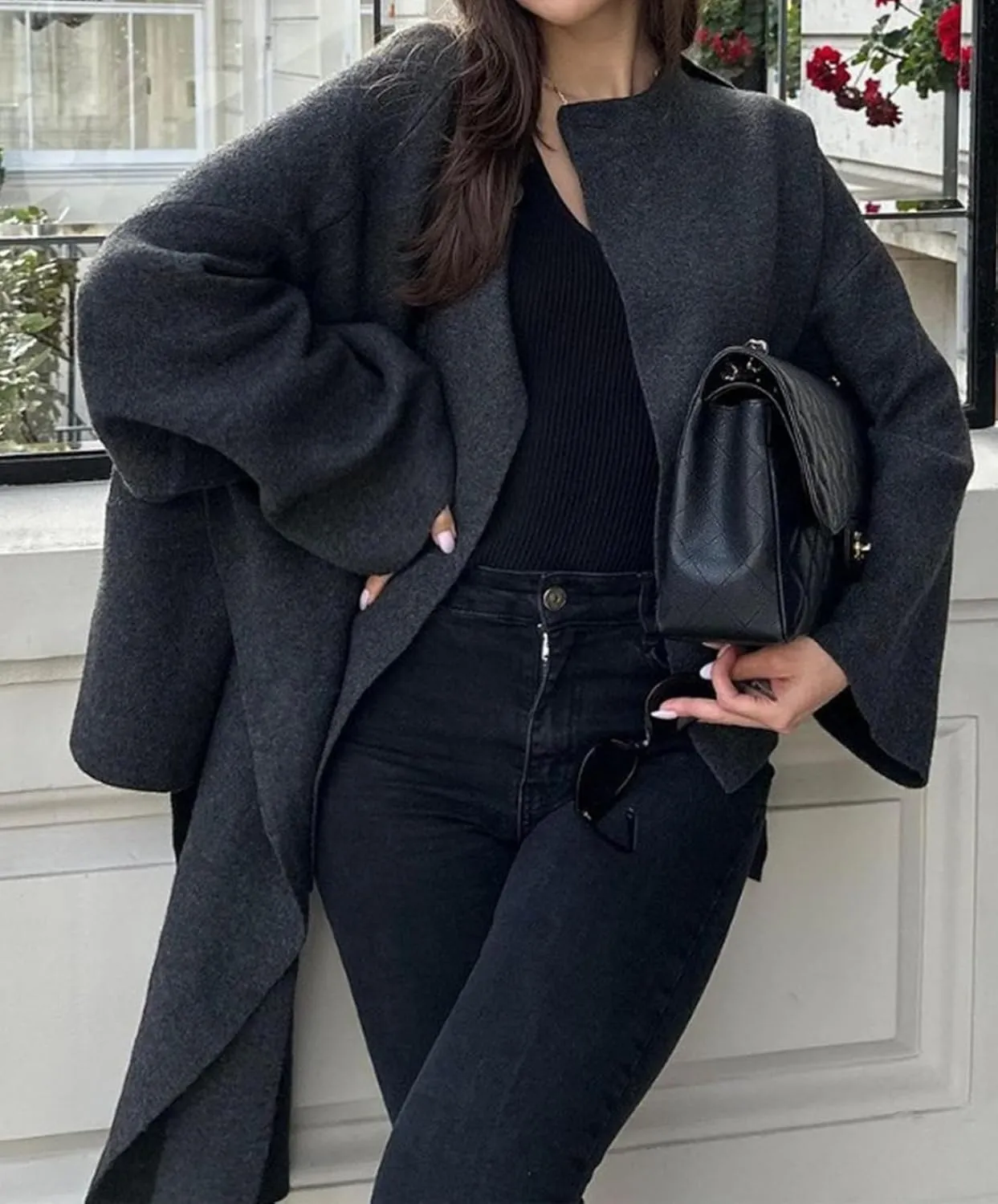 Womens Oversized Scarf Jacket Wool Blend Coat Long Sleeve Button Wool Coats Overcoats