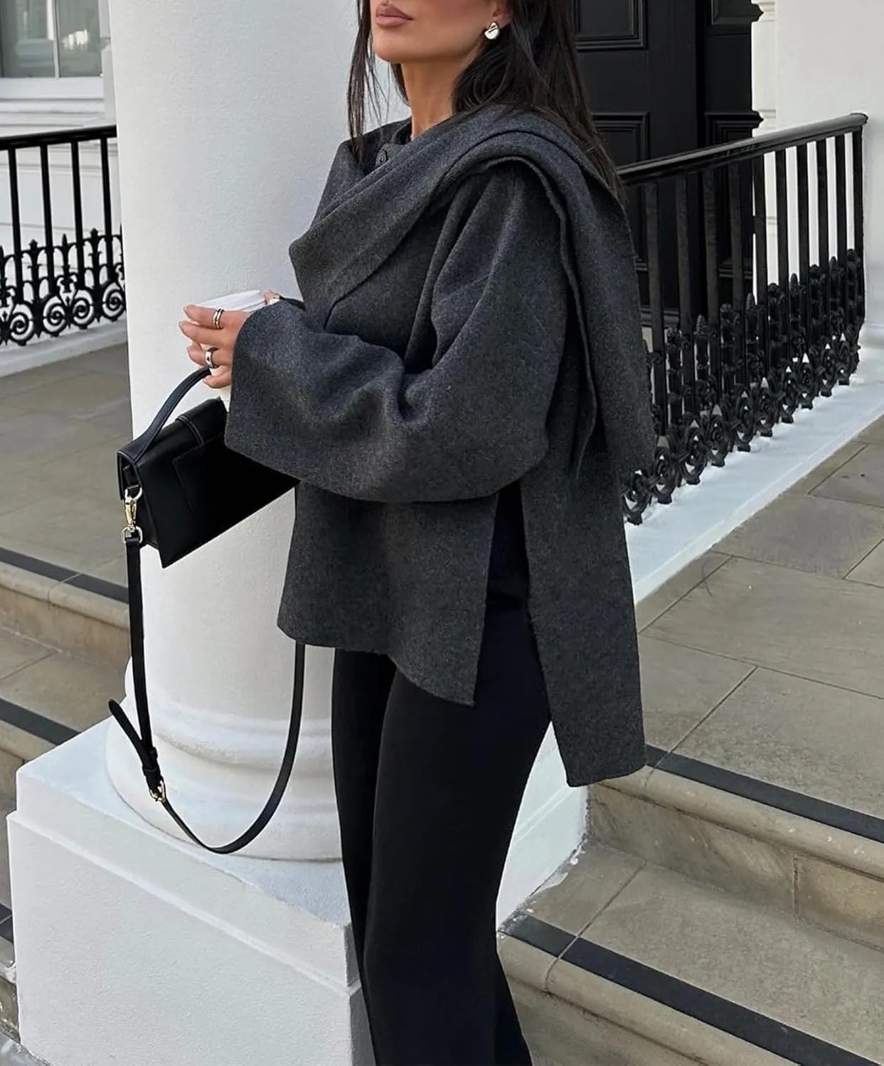 Womens Oversized Scarf Jacket Wool Blend Coat Long Sleeve Button Wool Coats Overcoats