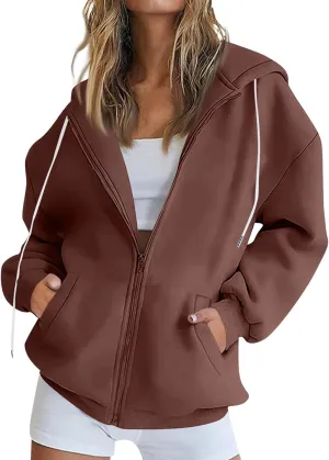 Women's Oversized Sweatshirts Loose Fit Winter Casual Trendy Long Sleeve Zipper Hooded Solid Fleece Cardigan, S-2XL