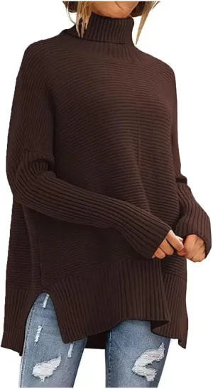 Women's Oversized Turtleneck Sweaters Fall Batwing Sleeve Ribbed Side Split Tunic Sweater Casual Pullover Knit Tops