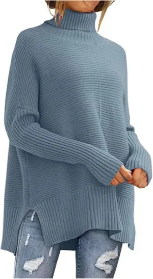 Women's Oversized Turtleneck Sweaters Fall Batwing Sleeve Ribbed Side Split Tunic Sweater Casual Pullover Knit Tops