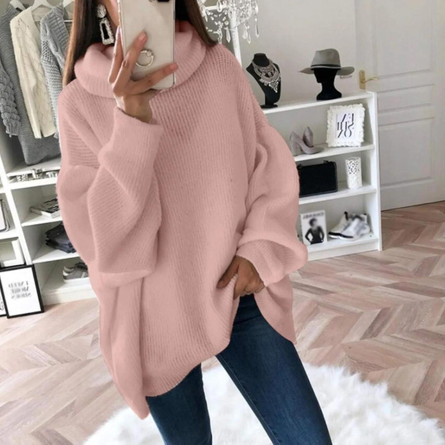 Women's Oversized Turtleneck Sweaters Soft Cozy Chunky Knit Pullover Sweater Slouchy Batwing Sleeve Jumper Tops