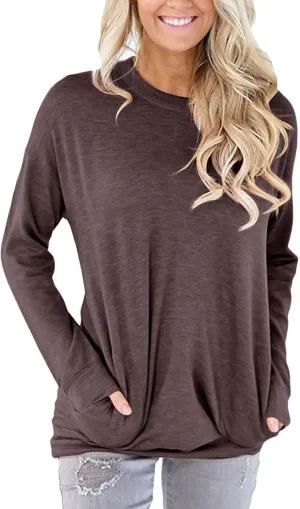 Womens Pocket Shirts Casual Loose Fit Tunic Top Comfy Cute Sweatshirts Long Sleeve Crewneck Pullovers T-Shirts