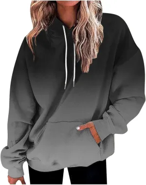 Womens Pullover Hoodie Gradient Color Long Sleeve Loose Sweatshirt with Drawstring Hood Fall Lightweight Sport Hoodie