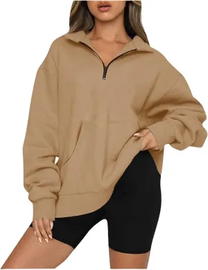Womens Quarter Zip Pullover Cropped Fleece Hoodies Lightweight Crew Neck Sweatshirt Casual Fall Outfit