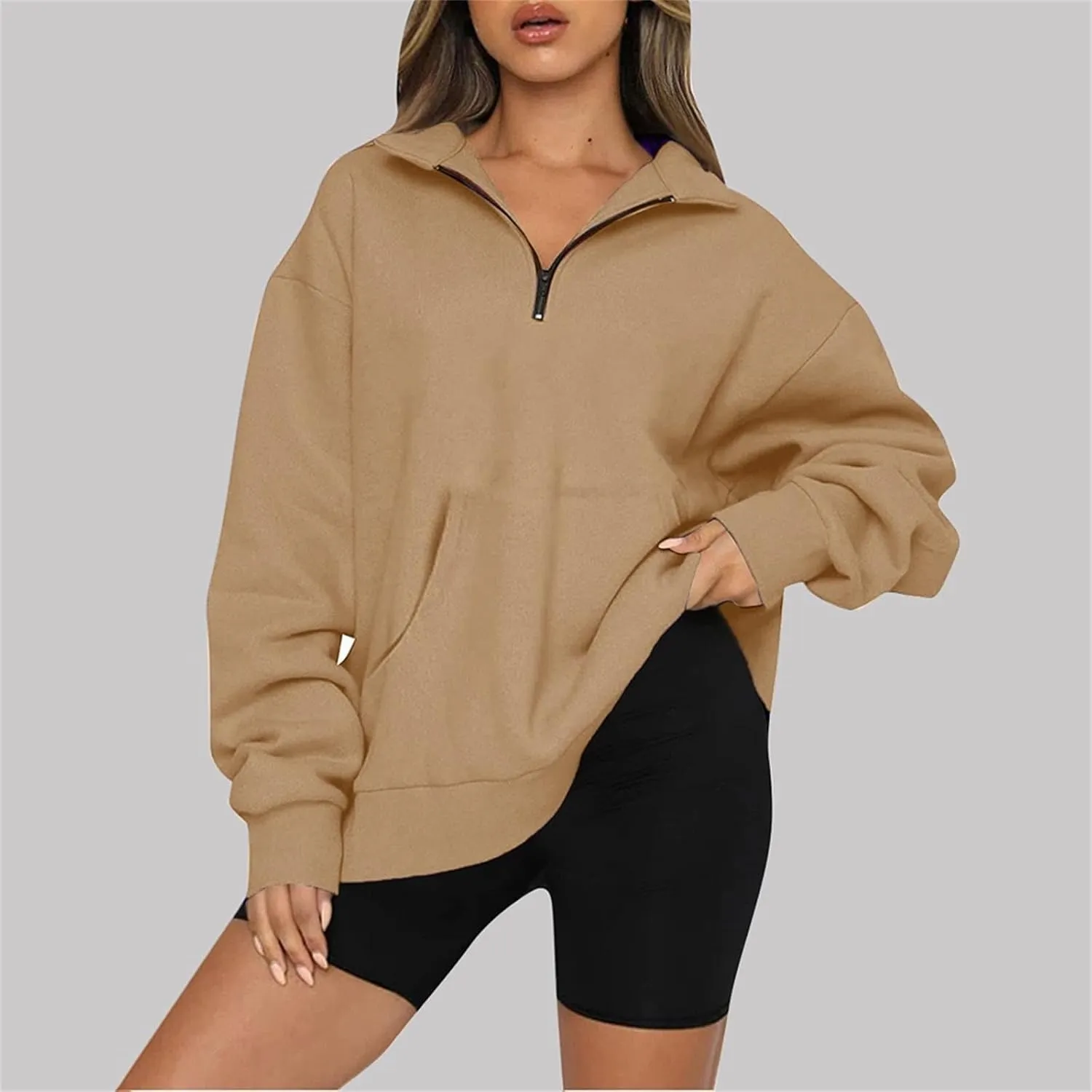 Womens Quarter Zip Pullover Cropped Fleece Hoodies Lightweight Crew Neck Sweatshirt Casual Fall Outfit
