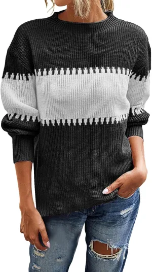 Womens Regular Fit Sweater Autumn Knitted Long Sleeve Crewneck Color Block Patchwork Loose Sweaters Fall Pullover Tops