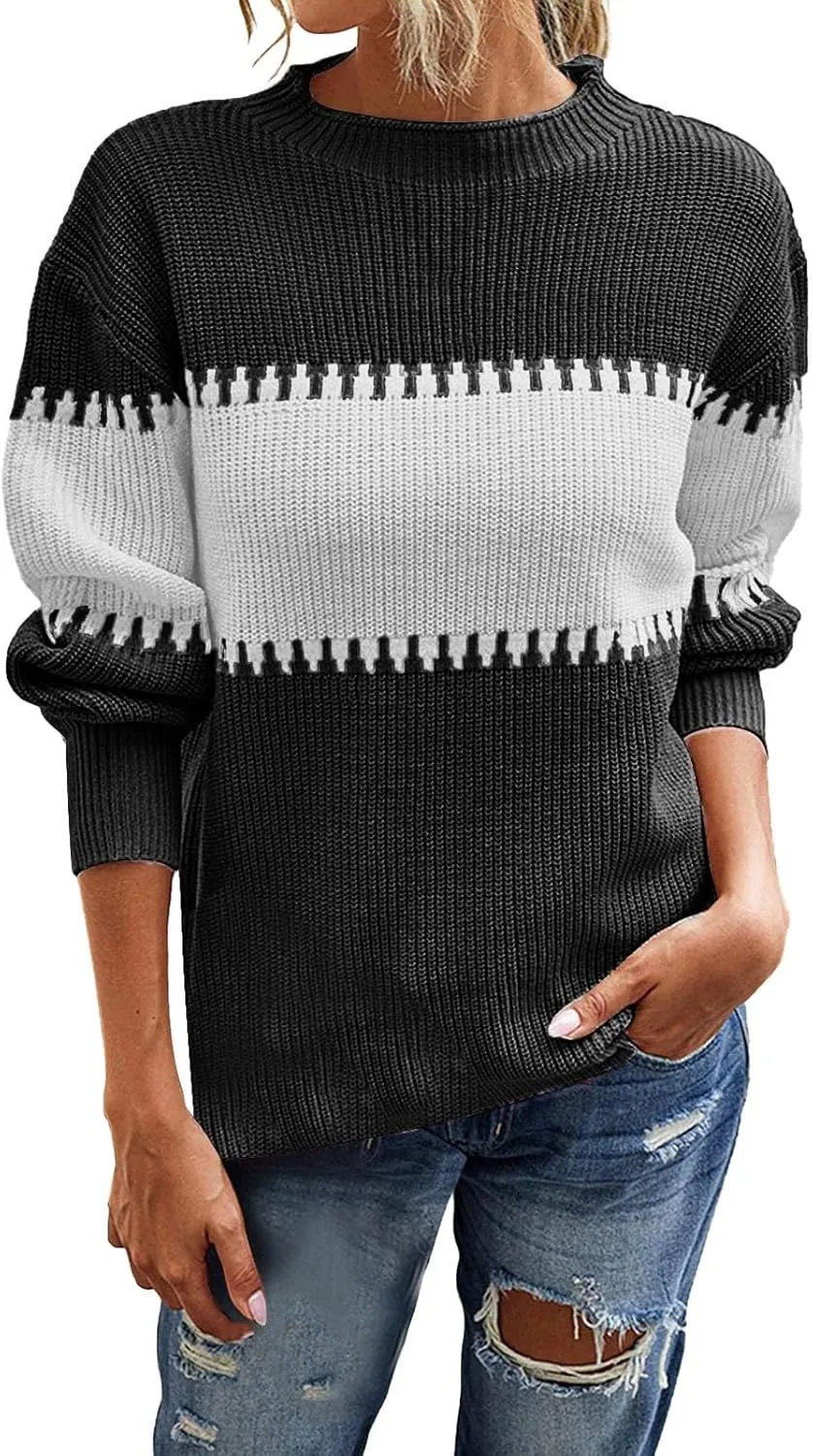 Womens Regular Fit Sweater Autumn Knitted Long Sleeve Crewneck Color Block Patchwork Loose Sweaters Fall Pullover Tops
