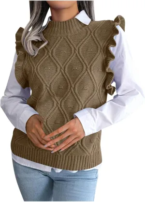 Women's Ruffle Trim Mock Neck Sweater Vest Sleeveless Cable Knit Pullover Soft Cozy Knitted Tank Top Streetwear