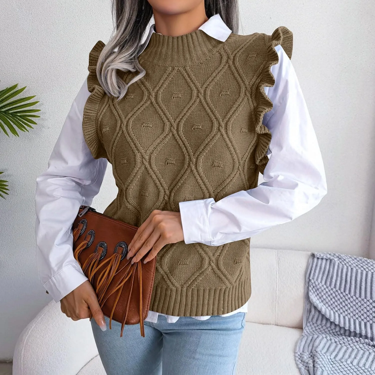 Women's Ruffle Trim Mock Neck Sweater Vest Sleeveless Cable Knit Pullover Soft Cozy Knitted Tank Top Streetwear