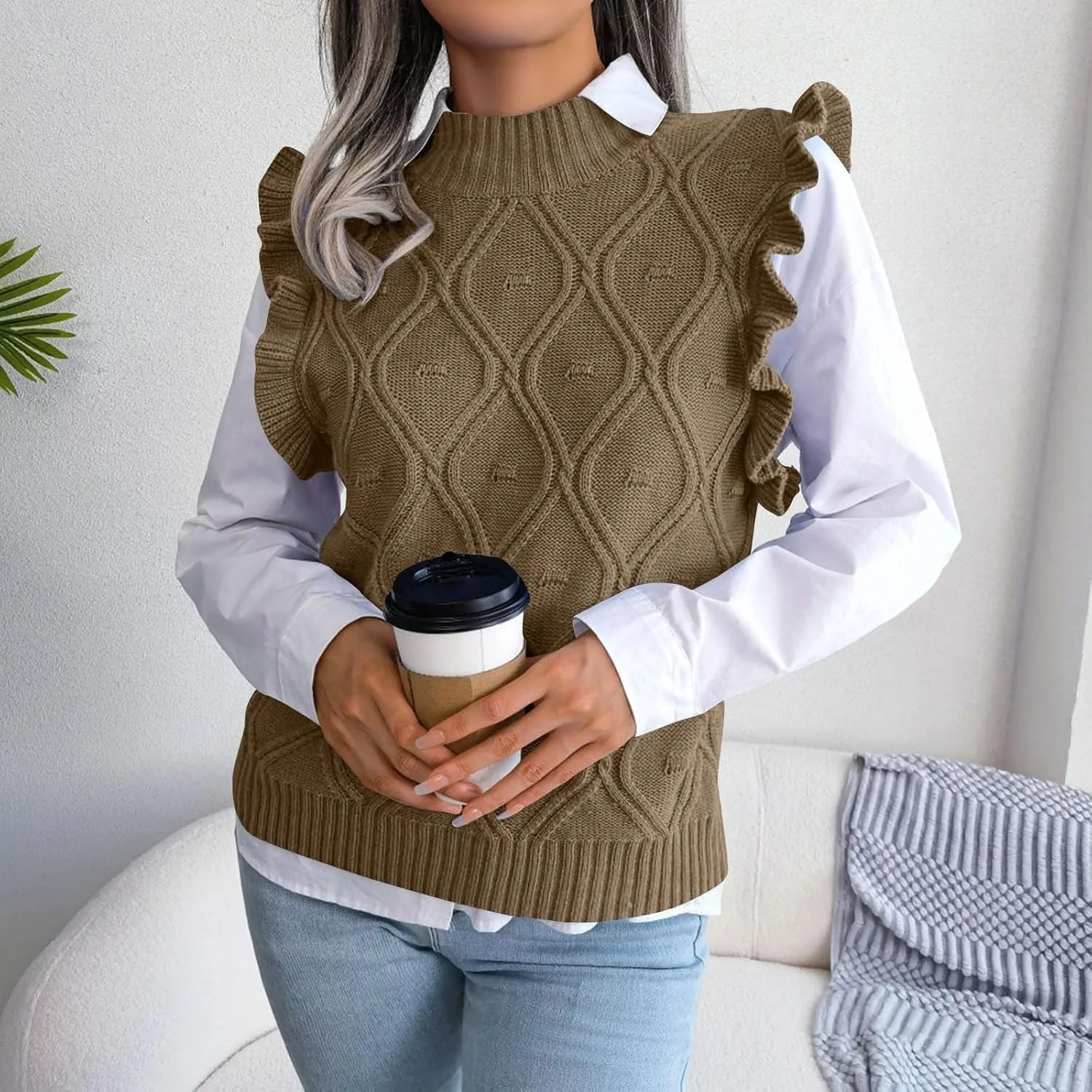 Women's Ruffle Trim Mock Neck Sweater Vest Sleeveless Cable Knit Pullover Soft Cozy Knitted Tank Top Streetwear