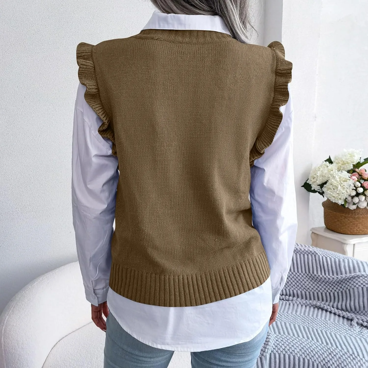 Women's Ruffle Trim Mock Neck Sweater Vest Sleeveless Cable Knit Pullover Soft Cozy Knitted Tank Top Streetwear