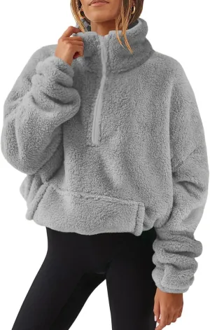 Womens Sherpa Half Zip Sweatshirts Casual Solid Polar Fleece Cropped Pullover Top Fuzzy Winter Jackets with Pockets