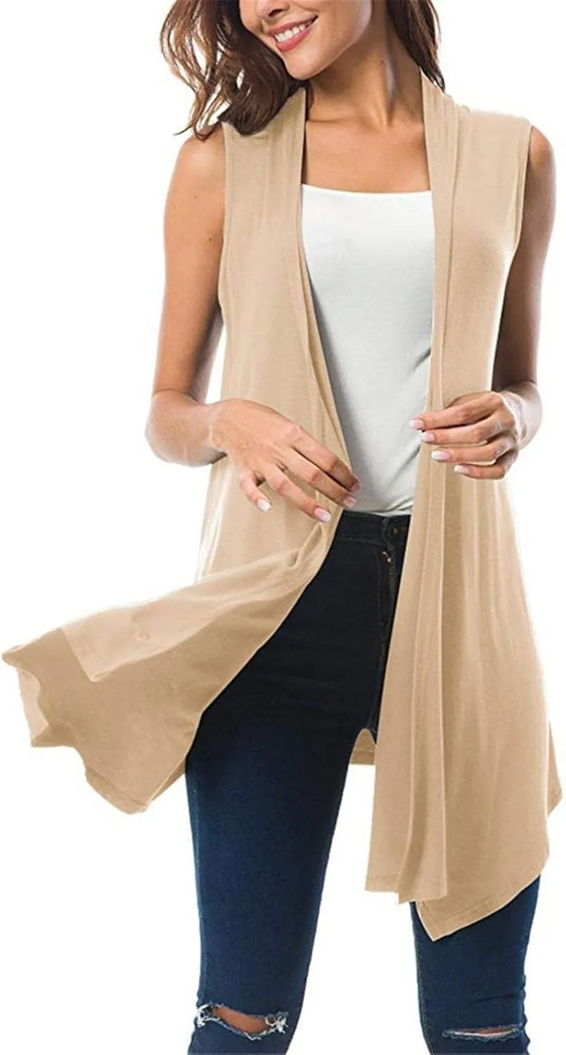 Women's Sleeveless Lightweight Draped Cardigan Vest Asymmetric Hem Open Front Coat Outerwear