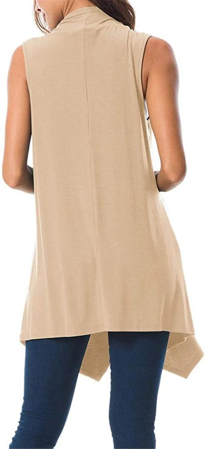 Women's Sleeveless Lightweight Draped Cardigan Vest Asymmetric Hem Open Front Coat Outerwear