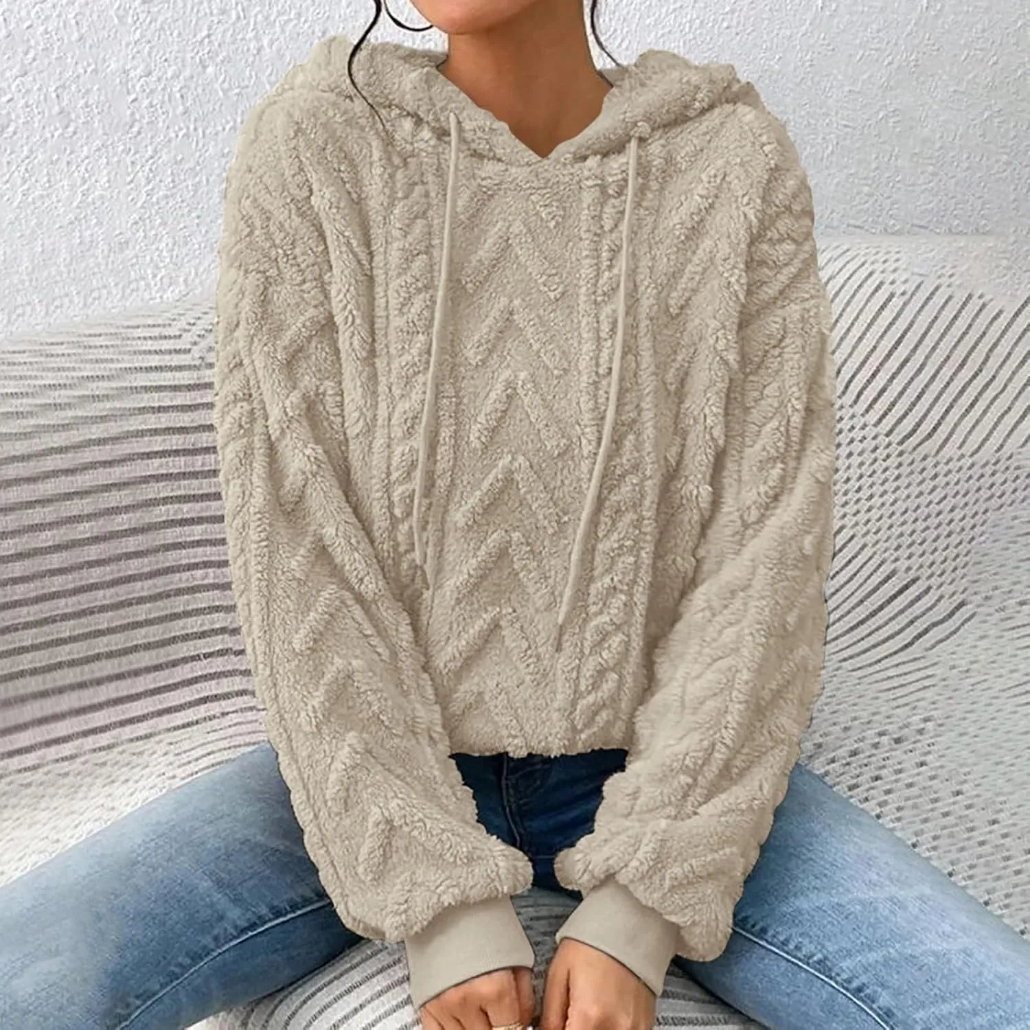 Women’s Slub Knit Full-Zip Hoodie Women's Solid Plush Spliced Women's New Long Sleeve Pullover Fall Outfits with