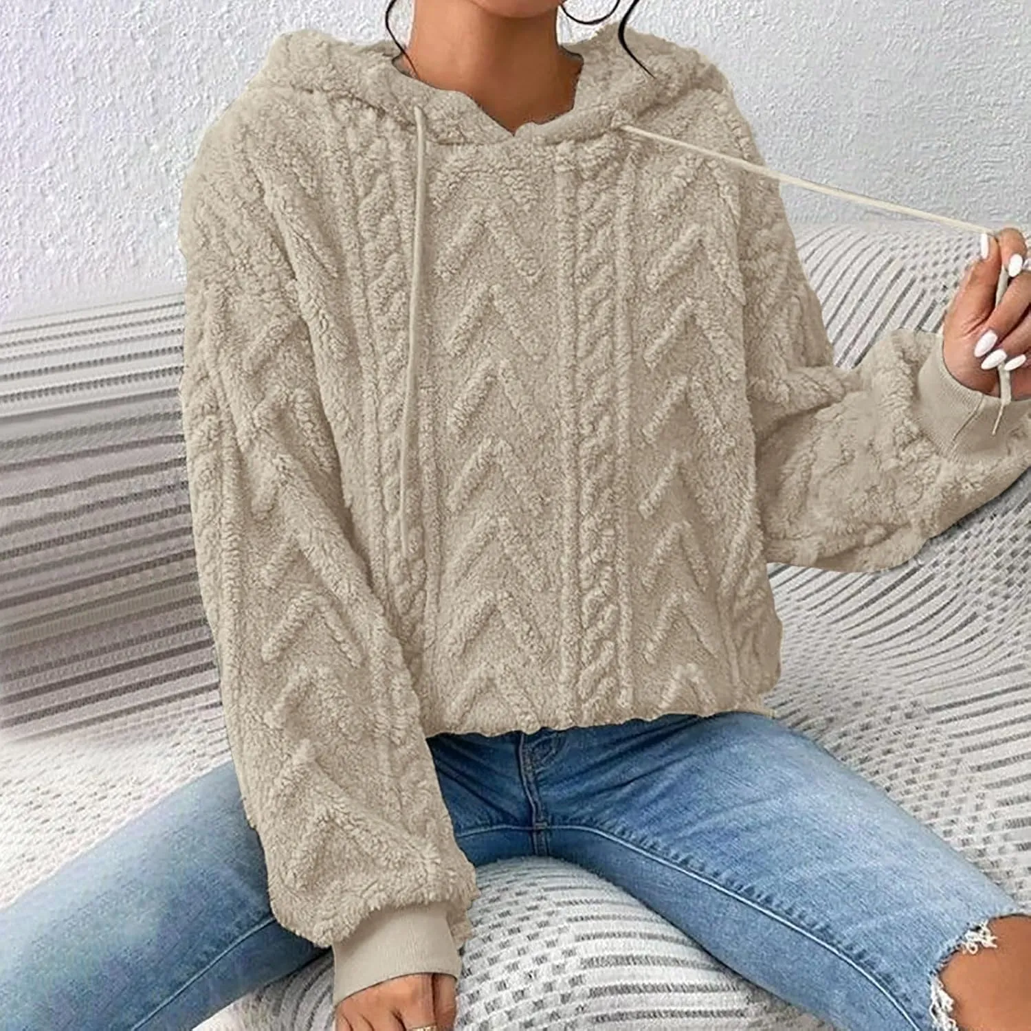 Women’s Slub Knit Full-Zip Hoodie Women's Solid Plush Spliced Women's New Long Sleeve Pullover Fall Outfits with