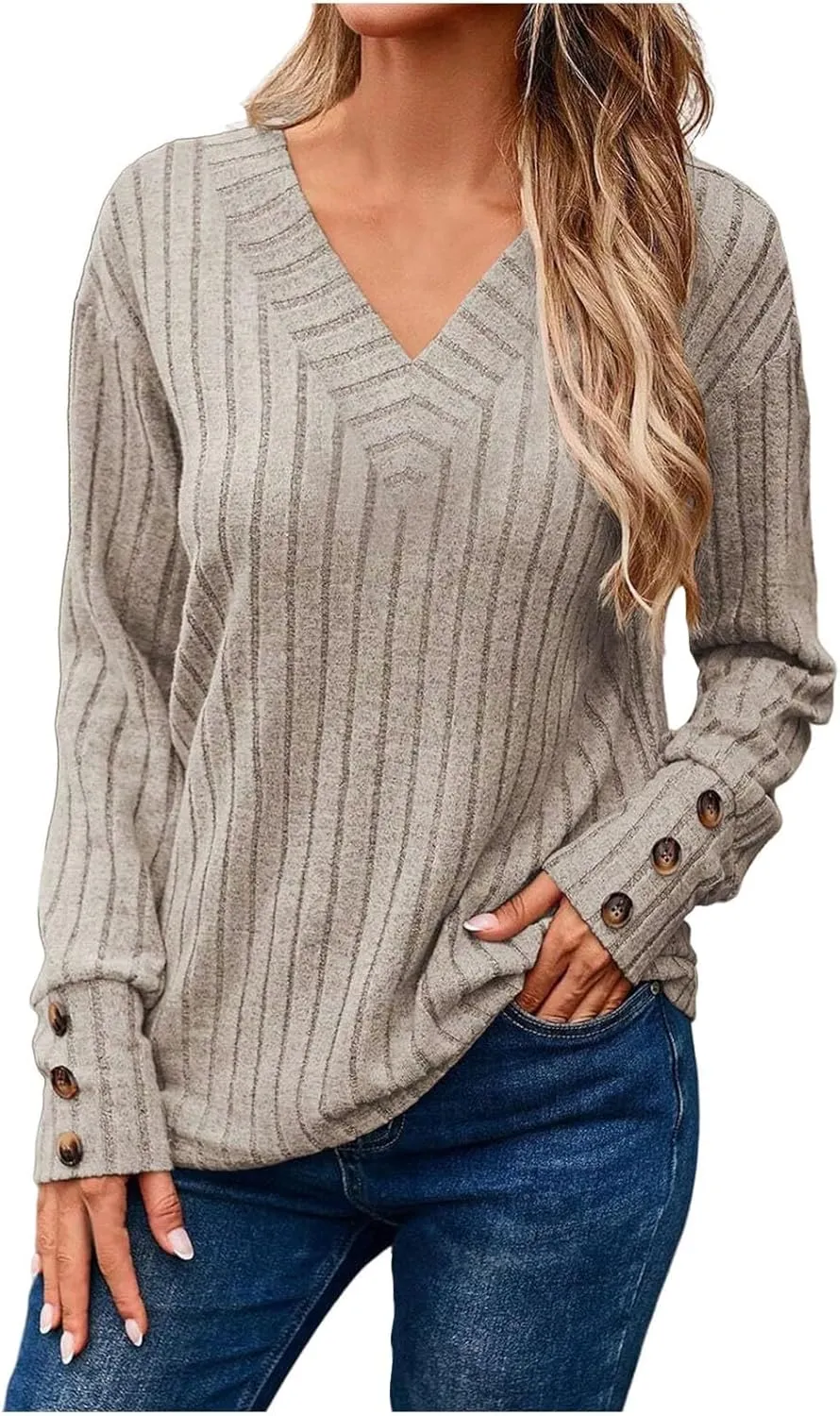 Womens Soft Long Sleeve V Neck Shirts Knitted Pullover Tunics Tops Casual Fall Lightweight Cozy Sweaters 2024