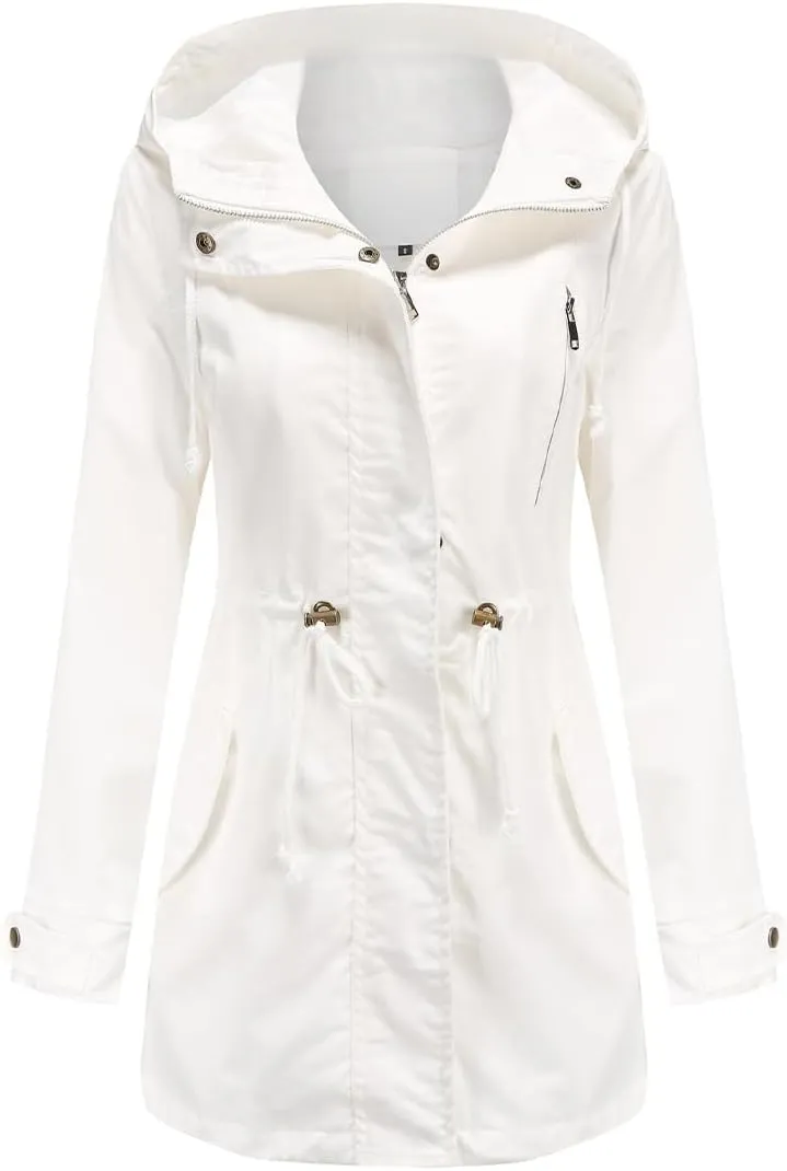 Women's Solid Color Loose Military Hooded Jacket Zip Up Utility Drawstring Waist Anorak Coat with Pockets