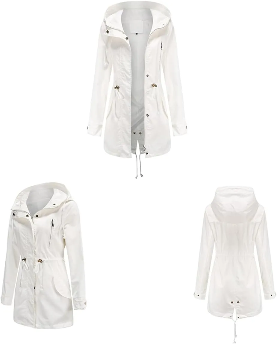 Women's Solid Color Loose Military Hooded Jacket Zip Up Utility Drawstring Waist Anorak Coat with Pockets