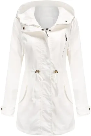 Women's Solid Color Loose Military Hooded Jacket Zip Up Utility Drawstring Waist Anorak Coat with Pockets