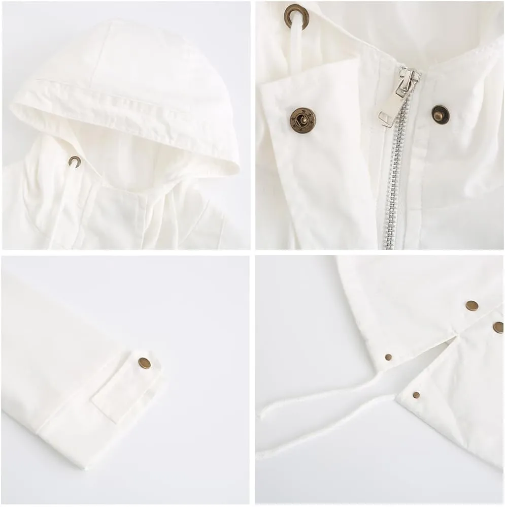 Women's Solid Color Loose Military Hooded Jacket Zip Up Utility Drawstring Waist Anorak Coat with Pockets