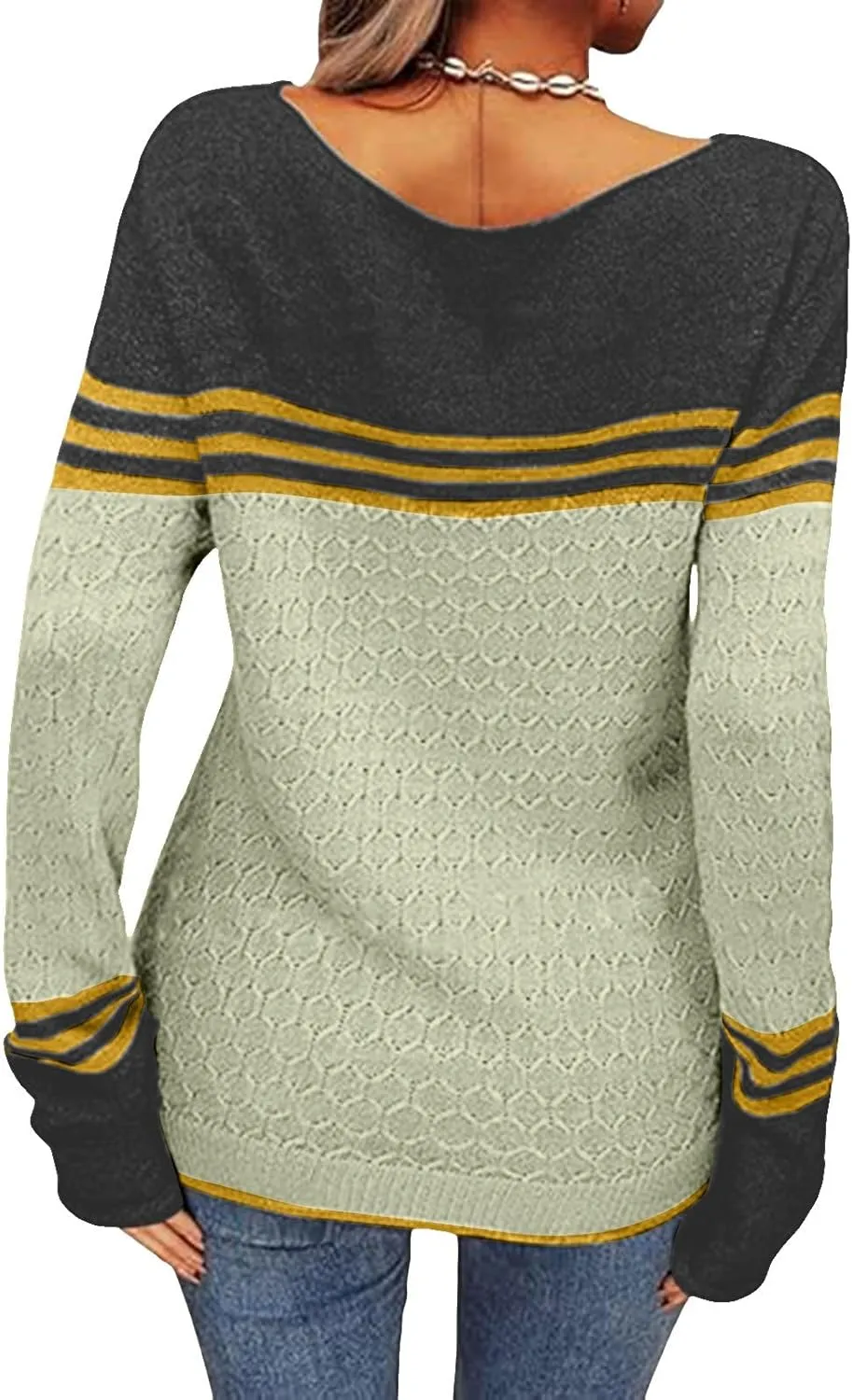 Women's Striped Color Block Sweater Crewneck Long Sleeve Knit Pullover Oversized Loose Fit Tops 2024
