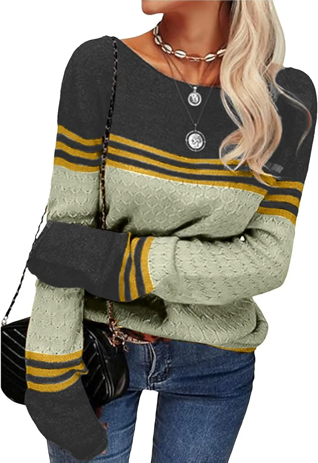 Women's Striped Color Block Sweater Crewneck Long Sleeve Knit Pullover Oversized Loose Fit Tops 2024