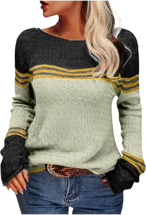 Women's Striped Color Block Sweater Crewneck Long Sleeve Knit Pullover Oversized Loose Fit Tops 2024