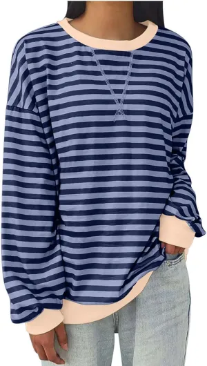 Women's Striped Oversized Sweatshirt 2024 Trendy Crew Neck Long Sleeve Casual Tshirts Loose Pullover Top Y2K Clothes