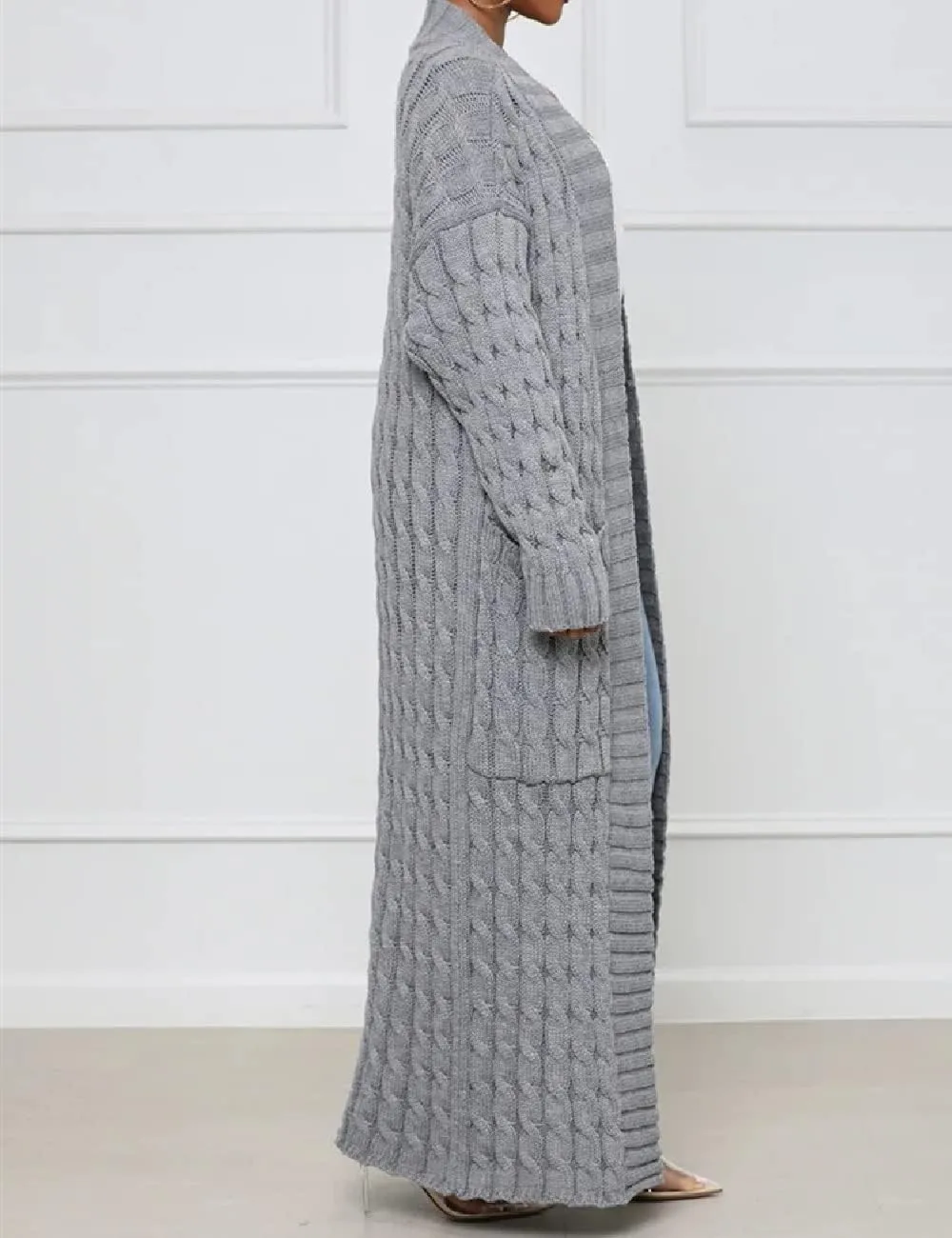 Womens Stylish Cable Knit Dual Chunky Cardigan with Pockets
