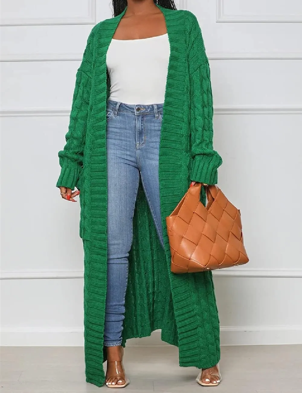Womens Stylish Cable Knit Dual Chunky Cardigan with Pockets