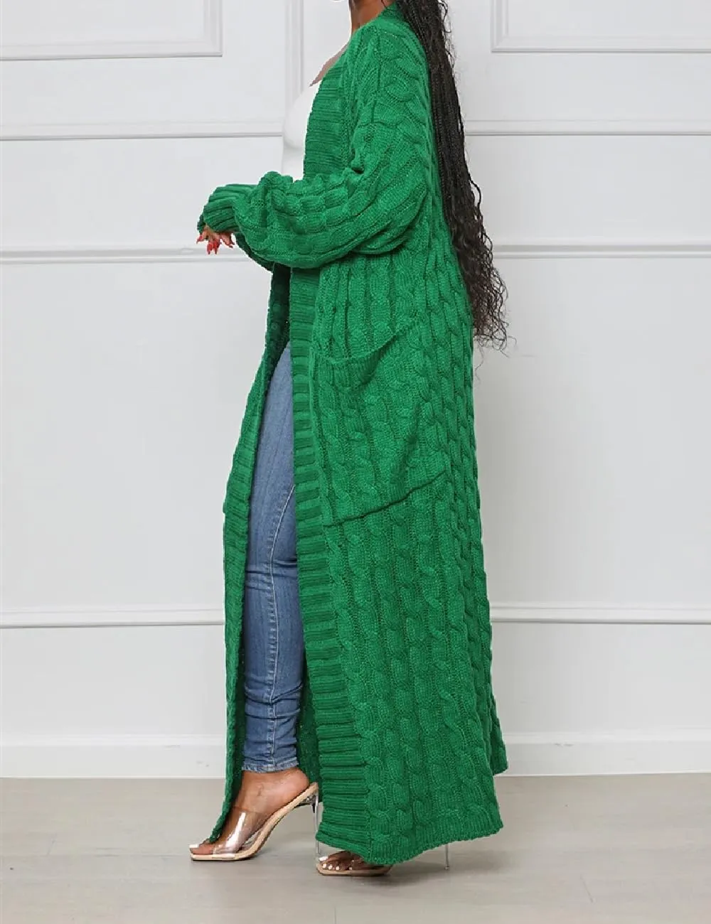 Womens Stylish Cable Knit Dual Chunky Cardigan with Pockets