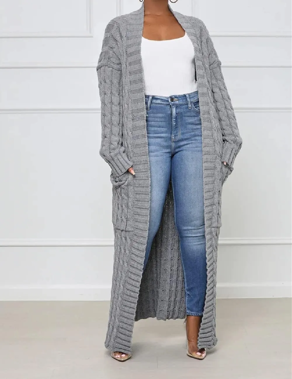 Womens Stylish Cable Knit Dual Chunky Cardigan with Pockets