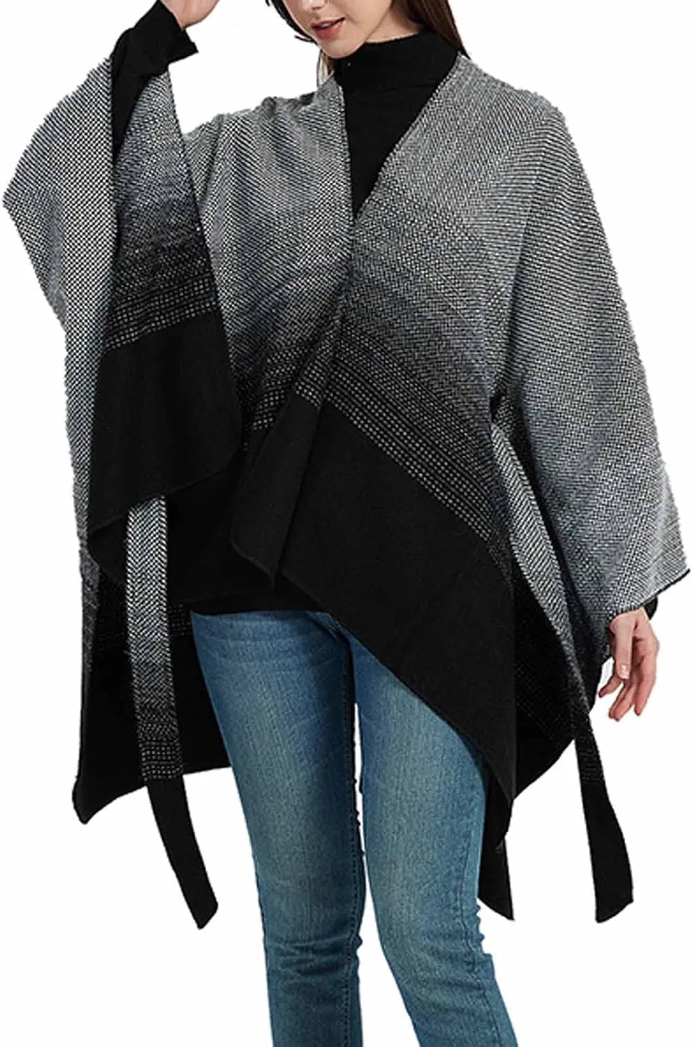 Women's Sweater Poncho Coat, Women's Shawl Wrap Poncho Cape Belt Gradient Cardigan Sweaters Open Front for Fall Winter
